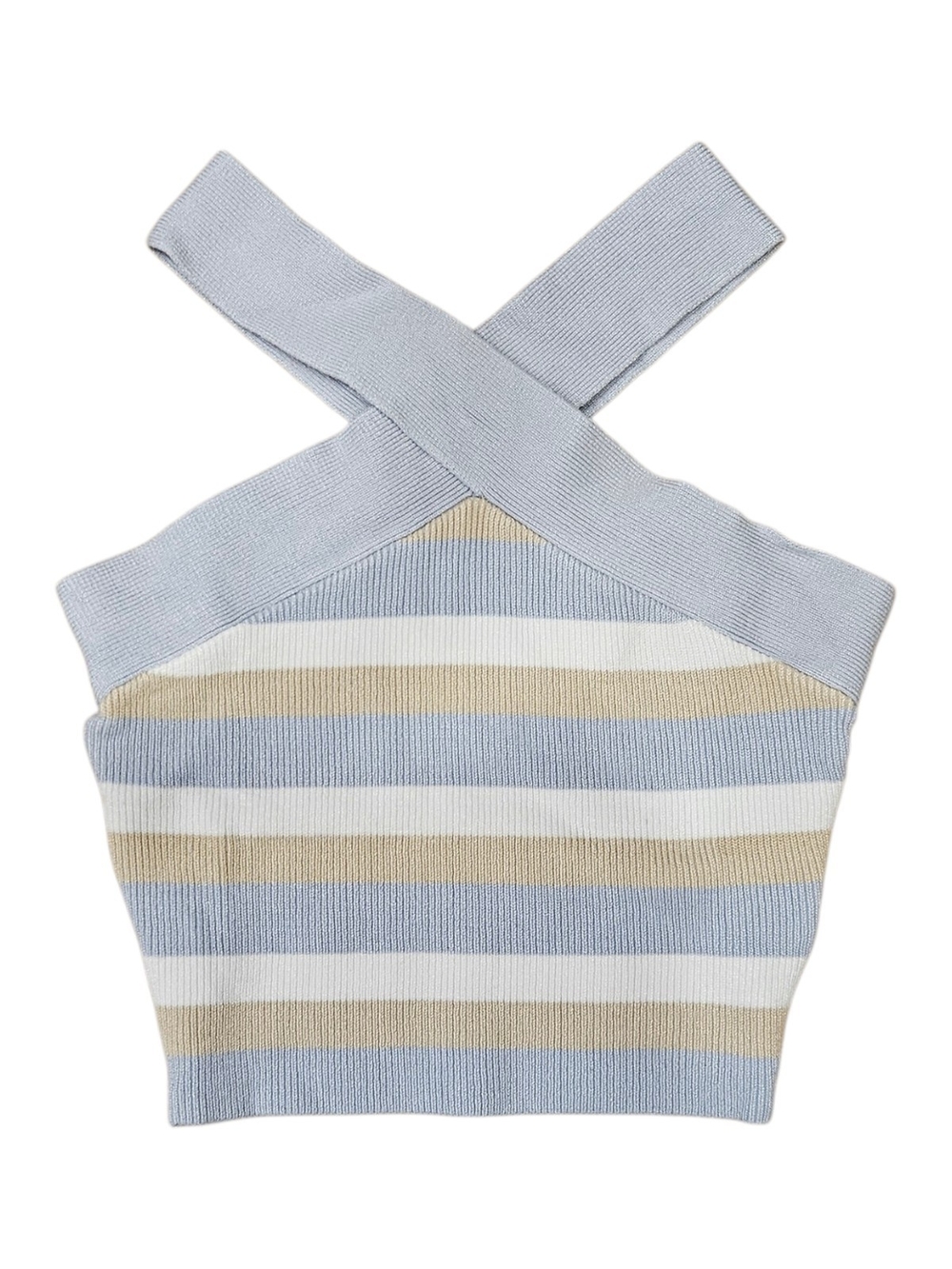 Striped Knit Cross Strap Crop Top in Light Blue, Cream & Tan